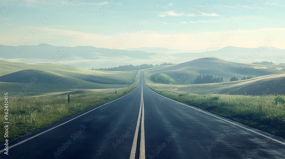 Conceptual landscape image showcasing a long winding empty road stretching into the distance with rolling hills on either side and an expansive tranquil horizon Conveying a sense of solitude freedom Conceptual landscape image showcasing a long winding empty road stretching into the distance with rolling hills on either side and an expansive tranquil horizon Conveying a sense of solitude freedom