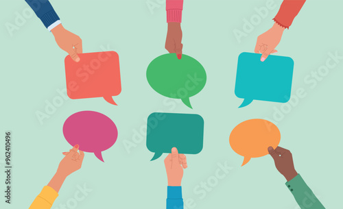 Flat design vector. Hands of workers holding conversation bubbles. Employees are men and women of different ethnic backgrounds. Colleagues with different colored clouds. 