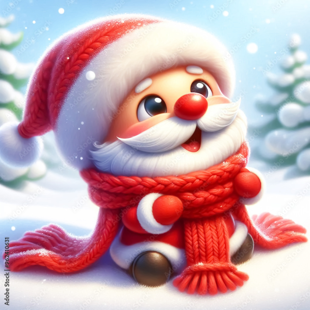 Cute Santa Claus illustration in snowy landscape with scarf and wool hat. Christmas Celebration Time Cute Santa Claus illustration in snowy landscape with scarf and wool hat. Christmas Celebration Time