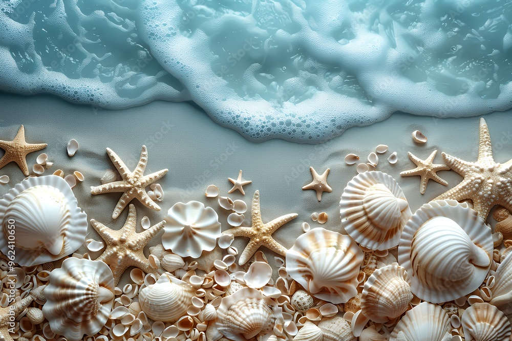 Seashells and starfish on a sandy beach with a wave of foamy blue water. Seashells and starfish on a sandy beach with a wave of foamy blue water.