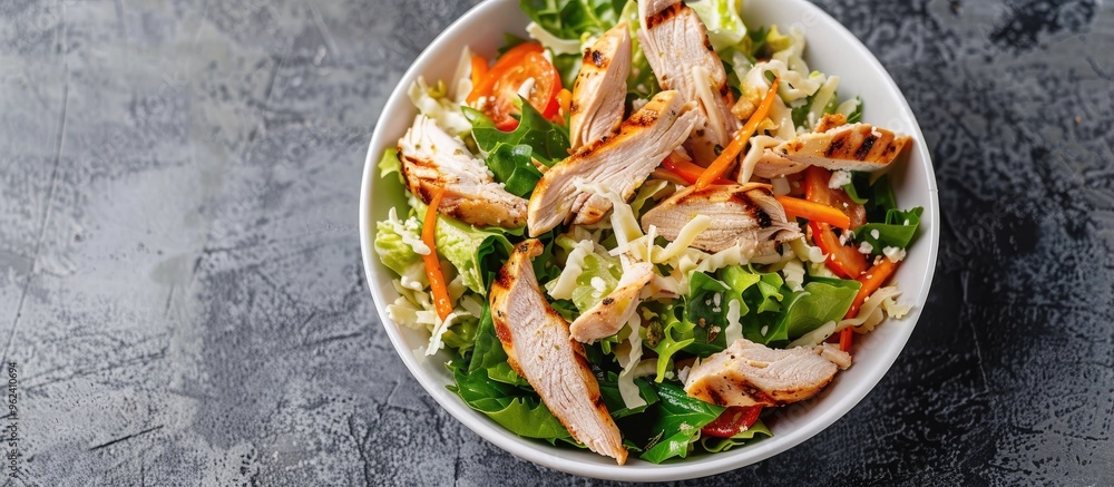 High Angle Of White Bowl With Shredded Grilled Chicken Meat For Caesar Salad On Gray Table High Angle Of White Bowl With Shredded Grilled Chicken Meat For Caesar Salad On Gray Table