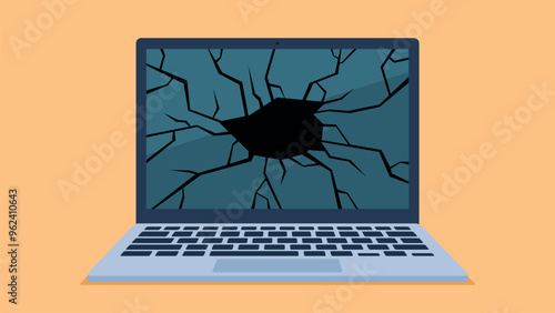 Flat design vector. Laptop with a broken screen. The laptop screen shows a black hole and a cracked screen matrix. 