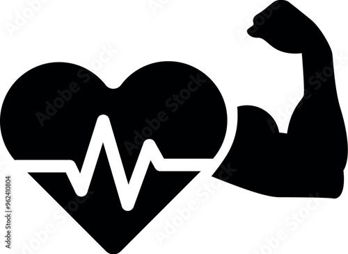 Strong heart icon. Medicine. Heart, muscle, pulse line