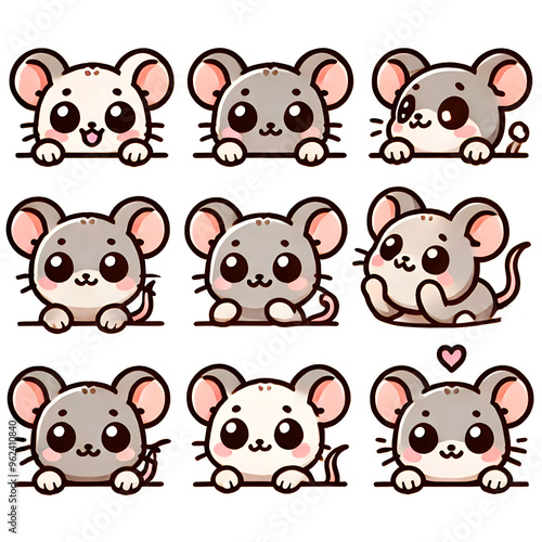 Cute playful mouse cartoon illustrations with various expressions on transparent background, logo characters for prints 