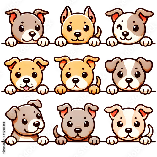 Cute playful pitbulls dogs cartoon illustrations with various expressions on transparent background, logo characters for prints 