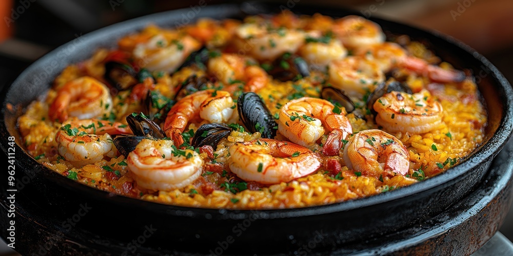 Close-up of Seafood Paella with Shrimp and Mussels Close-up of Seafood Paella with Shrimp and Mussels