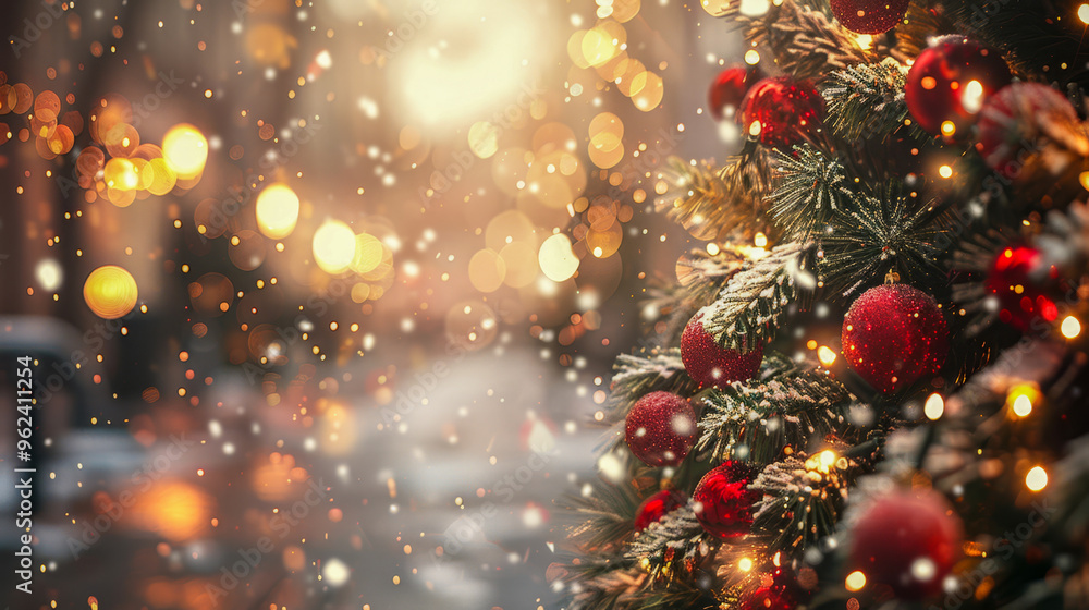 Close-up of red Christmas ornaments hanging on a snow-covered tree with warm bokeh lights in the background. Close-up of red Christmas ornaments hanging on a snow-covered tree with warm bokeh lights in the background.