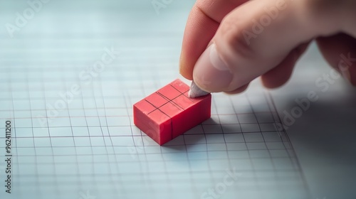 A conceptual image of a hand using an eraser to correct a mistake on a piece of graph paper symbolizing the idea of problem solving decision making and the ability to refine and improve one s work photo