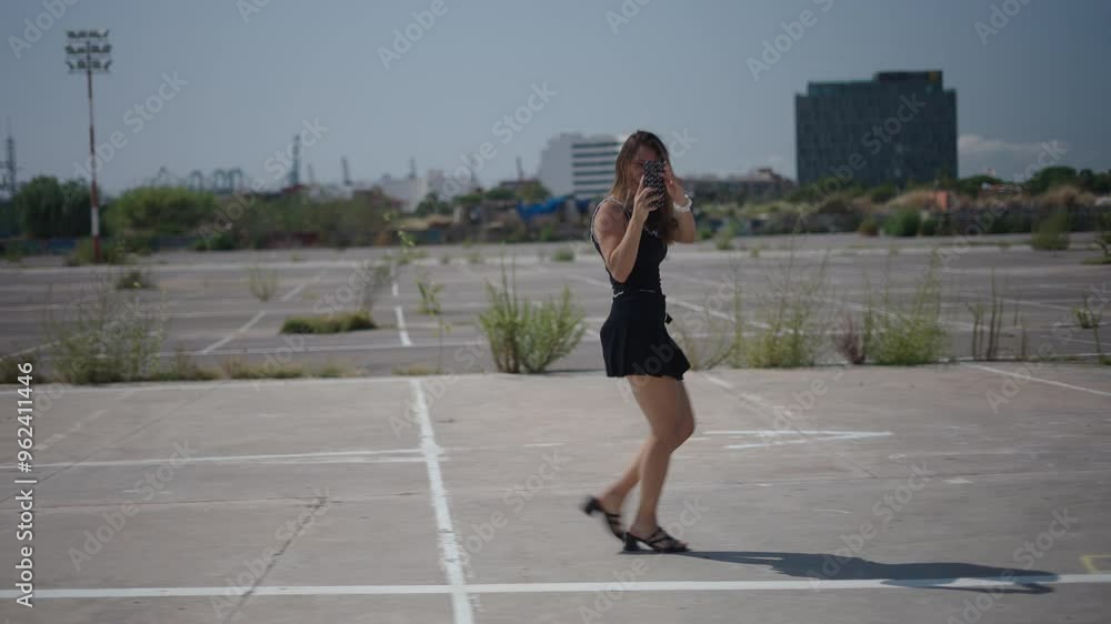 young female caucasian girl in short black dress walking in profile to camera in an industrial area on the outskirts near the port gesturing while making a video call with her smartphone young female caucasian girl in short black dress walking in profile to camera in an industrial area on the outskirts near the port gesturing while making a video call with her smartphone