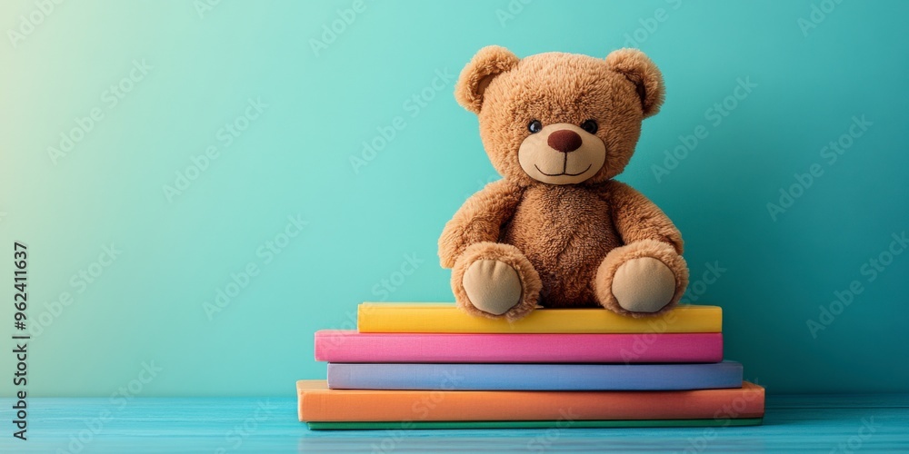 Soft Teddy Bear on Colorful Children's Books for Cozy Reading Time Soft Teddy Bear on Colorful Children's Books for Cozy Reading Time