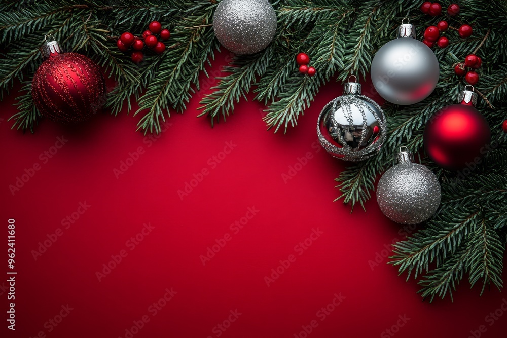 Silver and red Christmas ornaments arranged with pine branches on a red background, creating a simple and festive holiday border. Silver and red Christmas ornaments arranged with pine branches on a red background, creating a simple and festive holiday border.