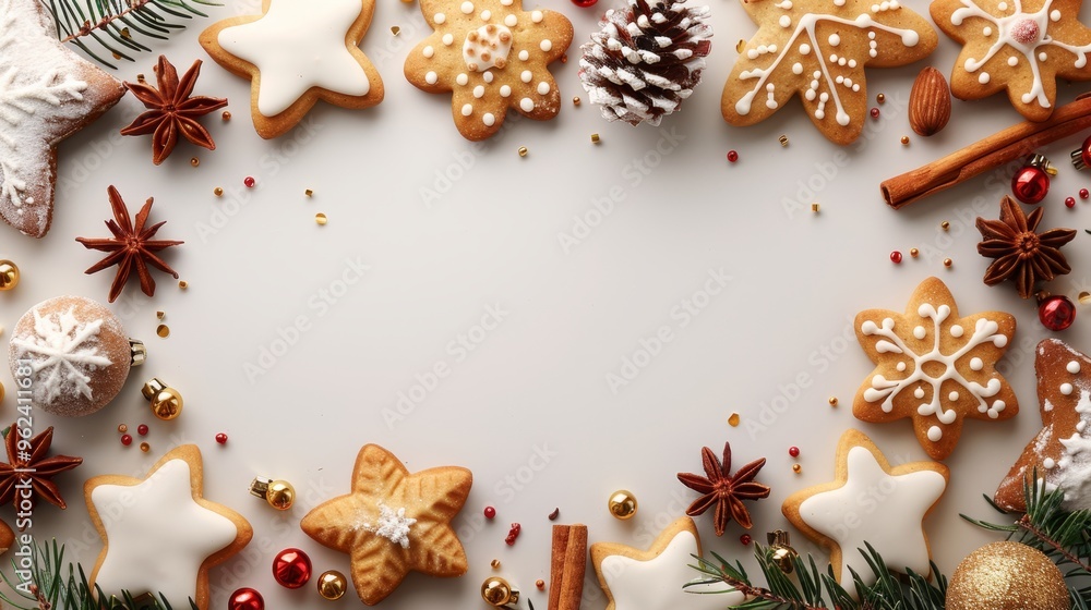 Festive gingerbread cookies decorated with white and red icing, accompanied by candy canes and ornaments on a white background. Festive gingerbread cookies decorated with white and red icing, accompanied by candy canes and ornaments on a white background.