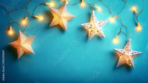 Glittering paper stars and warm string lights arranged against a bright blue background, creating a playful and festive Christmas decoration.