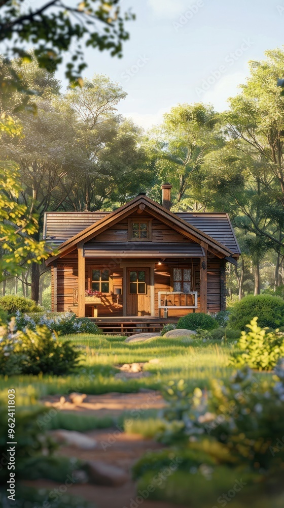 Cozy wooden cabin nestled in the heart of a lush forested landscape surrounded by verdant trees and a peaceful walking path leading through the serene natural environment Cozy wooden cabin nestled in the heart of a lush forested landscape surrounded by verdant trees and a peaceful walking path leading through the serene natural environment