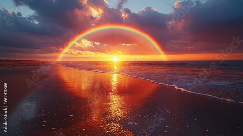 A vibrant rainbow arches over a breathtaking sunset on a sandy beach, casting warm hues across the ocean and sky. photo