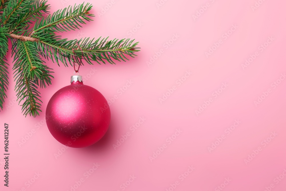 A single red bauble hanging from a pine branch against a vibrant pink background, offering a minimalist holiday aesthetic. A single red bauble hanging from a pine branch against a vibrant pink background, offering a minimalist holiday aesthetic.