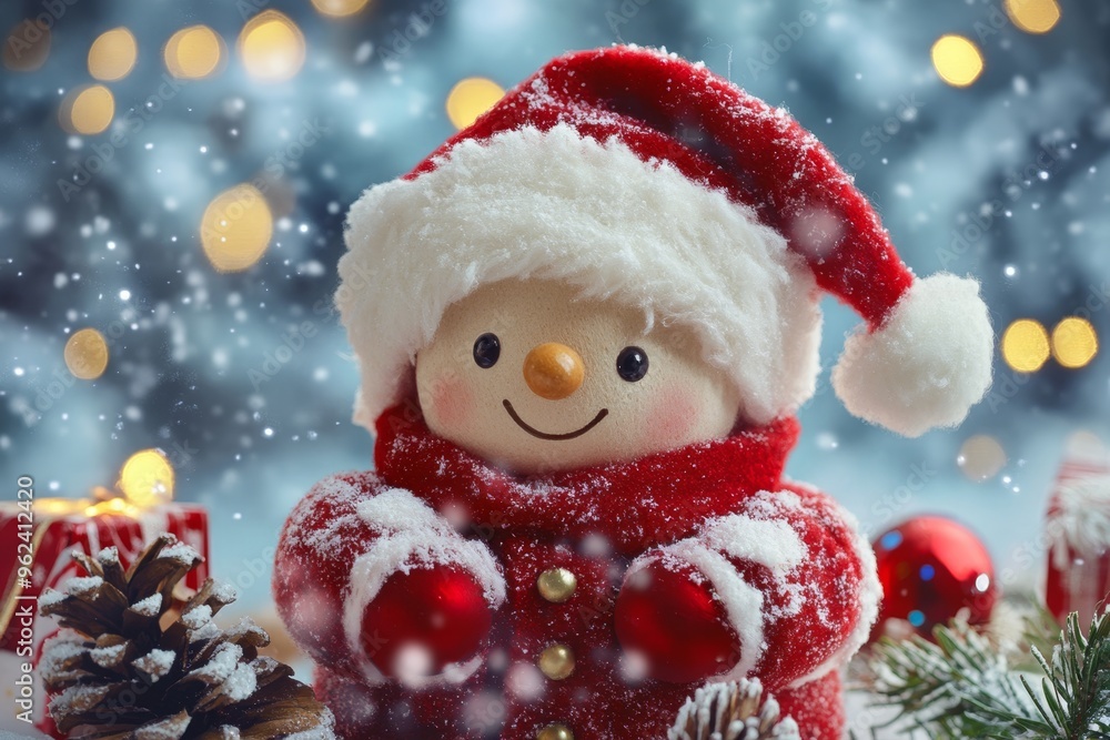 Adorable snowman figurine dressed in red and white, surrounded by snowflakes and Christmas decorations. Adorable snowman figurine dressed in red and white, surrounded by snowflakes and Christmas decorations.