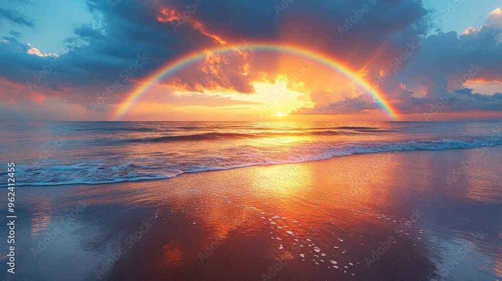 A vibrant rainbow arches over a fiery sunset on a calm ocean beach. A vibrant rainbow arches over a fiery sunset on a calm ocean beach.