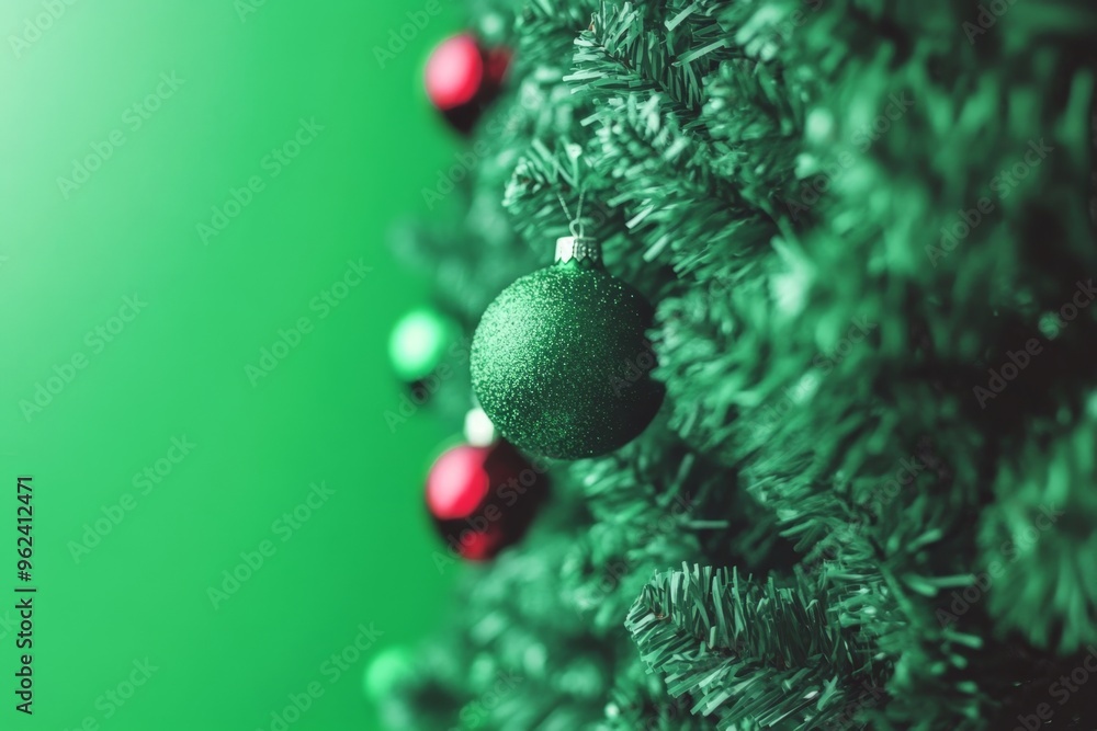 Green Christmas tree decorated with red and green baubles, creating a festive holiday ambiance on a green background. Green Christmas tree decorated with red and green baubles, creating a festive holiday ambiance on a green background.
