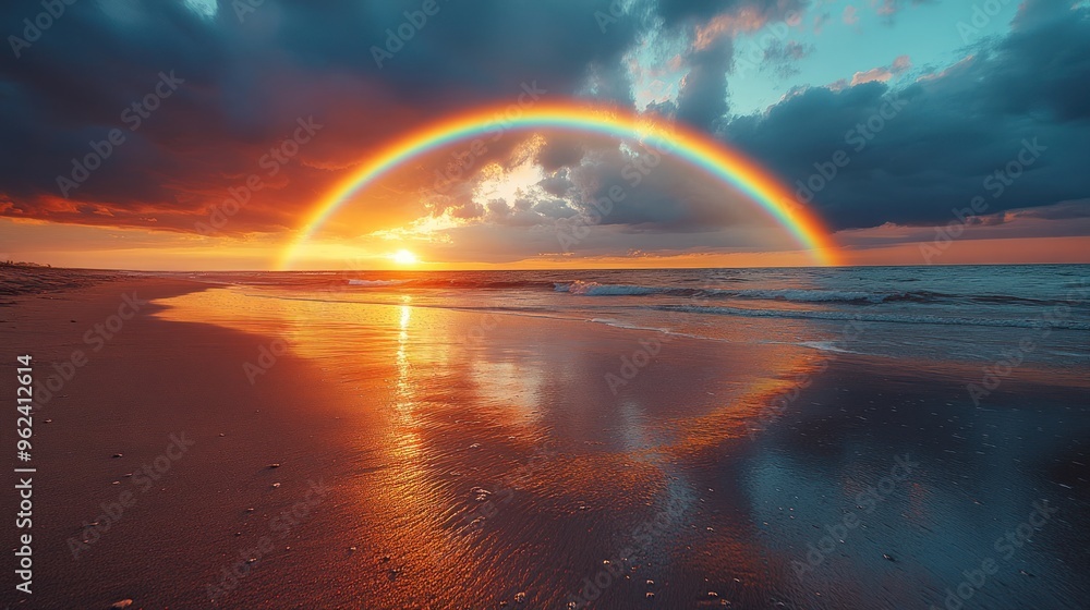 A vibrant rainbow arcs over a tranquil beach at sunset, with the reflection of the sun illuminating the wet sand. A vibrant rainbow arcs over a tranquil beach at sunset, with the reflection of the sun illuminating the wet sand.