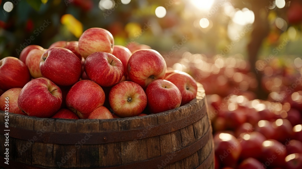 Freshly Harvested Red Apples in a Rustic Wooden Barrel under the Sunlit Orchard Sky Freshly Harvested Red Apples in a Rustic Wooden Barrel under the Sunlit Orchard Sky