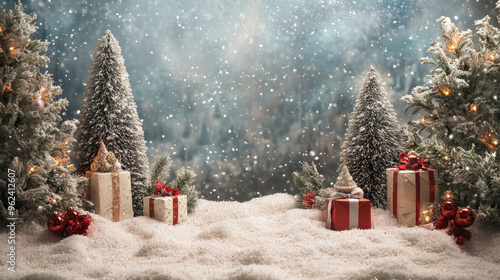 Wallpaper Mural Snow-covered Christmas tree decorated with red and gold ornaments, with red and gold wrapped gifts, glowing lights, and snowfall, creating a magical winter holiday scene. Torontodigital.ca