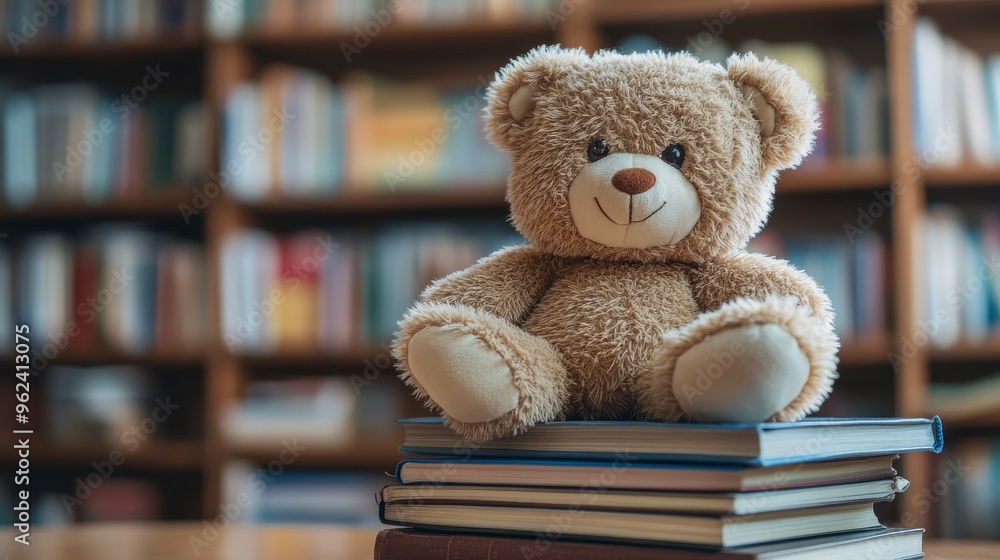 Soft Teddy Bear on Colorful Children's Books for Cozy Reading Time Soft Teddy Bear on Colorful Children's Books for Cozy Reading Time