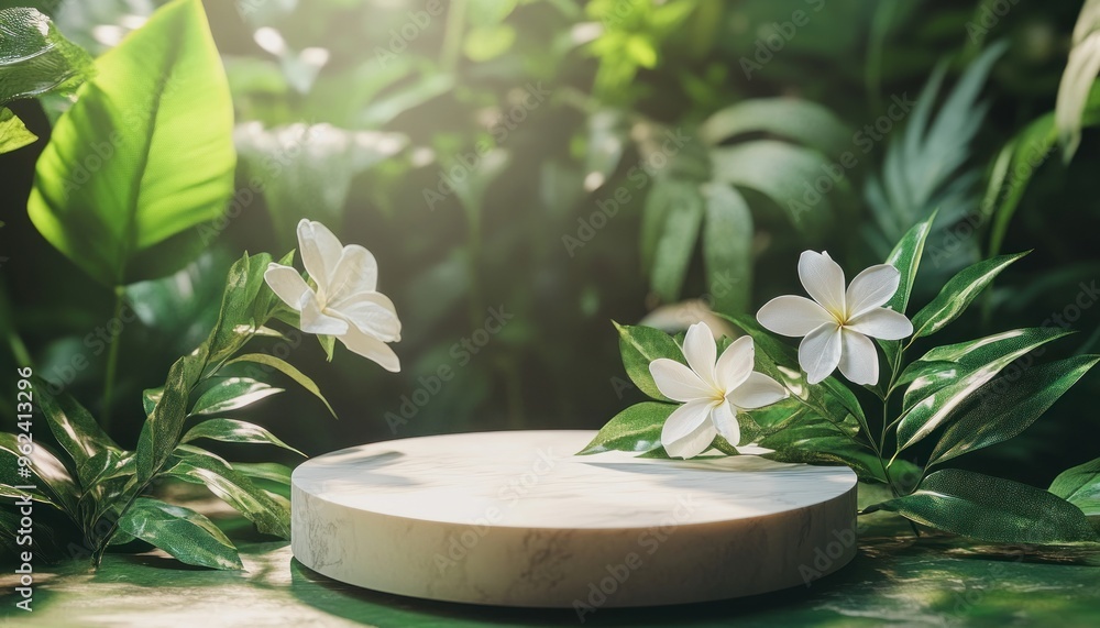 White Flowers and Marble Podium on Lush Green Foliage White Flowers and Marble Podium on Lush Green Foliage