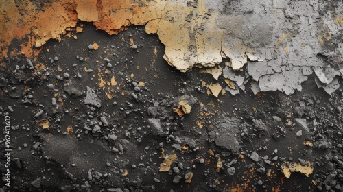 A detailed close-up of a weathered and textured surface with peeling paint, revealing layers of color and rough texture. This image is perfect for backgrounds, textures, or design projects that