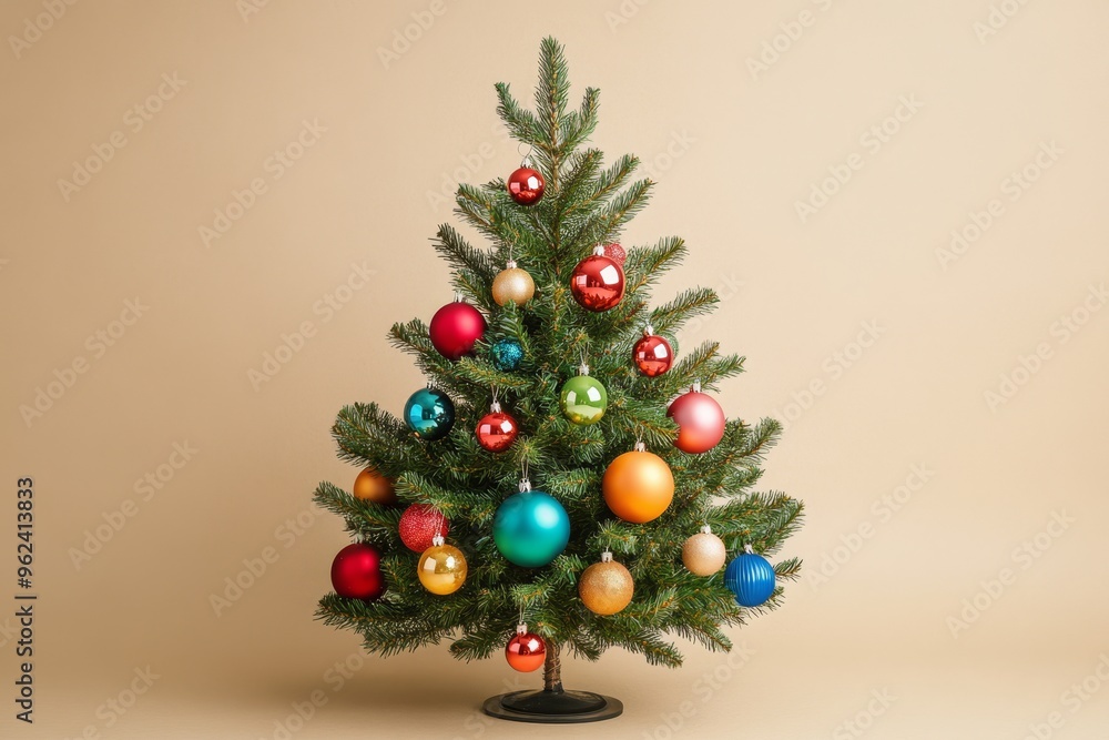 Beautiful Christmas tree adorned with a variety of large colorful ornaments, creating a festive centerpiece in a minimalist space with soft lighting and a neutral background. Beautiful Christmas tree adorned with a variety of large colorful ornaments, creating a festive centerpiece in a minimalist space with soft lighting and a neutral background.