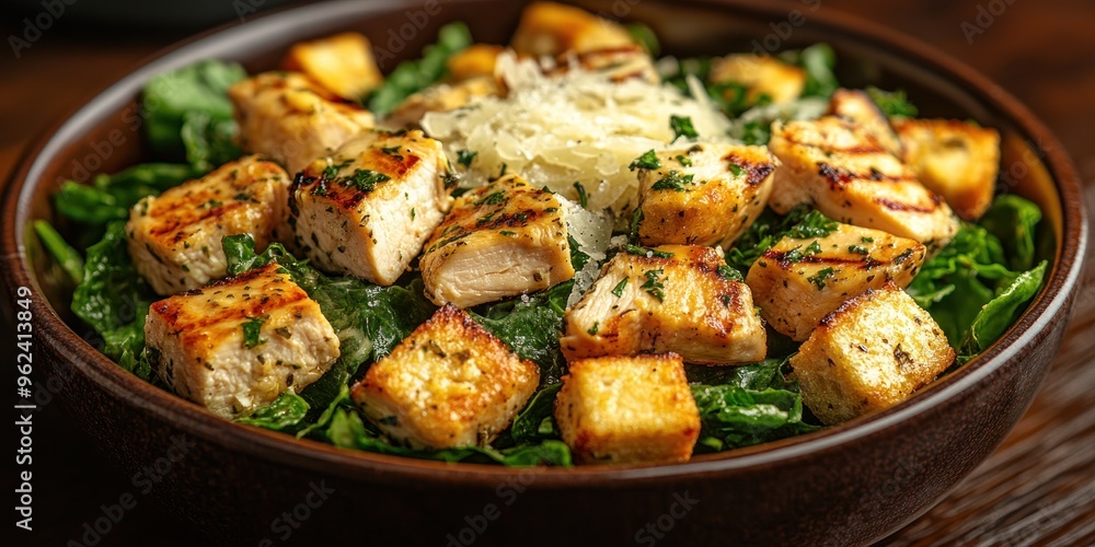 Close-up of Caesar Salad with Grilled Chicken and Croutons Close-up of Caesar Salad with Grilled Chicken and Croutons