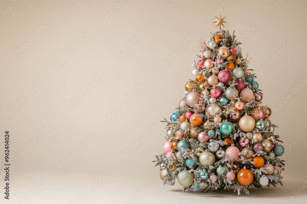 Beautiful Christmas tree adorned with a variety of large colorful ornaments, creating a festive centerpiece in a minimalist space with soft lighting and a neutral background. Beautiful Christmas tree adorned with a variety of large colorful ornaments, creating a festive centerpiece in a minimalist space with soft lighting and a neutral background.