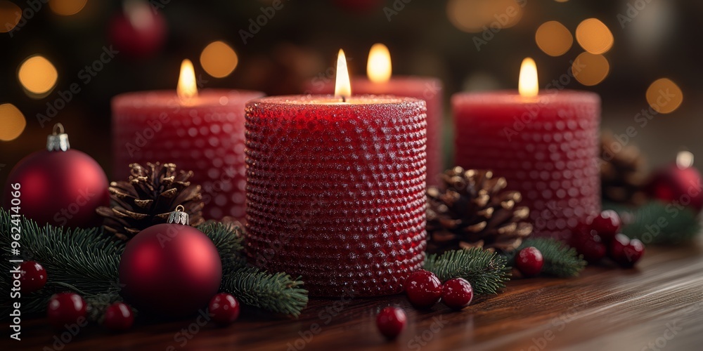 Christmas scene with red candles, pinecones, and ornaments placed on a wooden surface, surrounded by soft glowing lights and holiday cheer. Christmas scene with red candles, pinecones, and ornaments placed on a wooden surface, surrounded by soft glowing lights and holiday cheer.