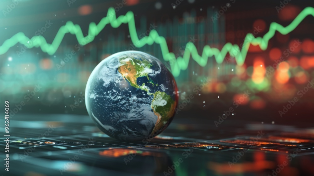 A small globe placed against a backdrop of fluctuating stock market trends and graphs. This image symbolizes global finance, economic fluctuations, and market analysis, ideal for financial news and A small globe placed against a backdrop of fluctuating stock market trends and graphs. This image symbolizes global finance, economic fluctuations, and market analysis, ideal for financial news and