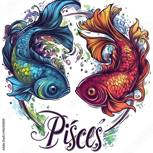 Two colorful fish representing the Pisces zodiac sign in a vibrant design.