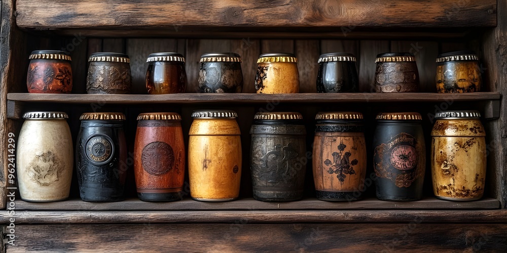 A rustic wooden shelf filled with a variety of vintage glass jars, beautifully arranged in two rows. A rustic wooden shelf filled with a variety of vintage glass jars, beautifully arranged in two rows.