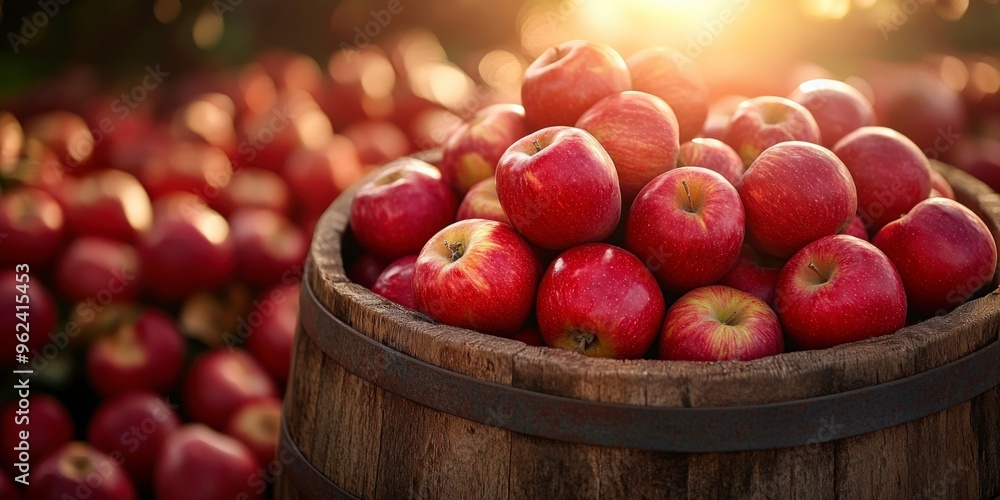 Freshly Harvested Red Apples in a Rustic Wooden Barrel under the Sunlit Orchard Sky Freshly Harvested Red Apples in a Rustic Wooden Barrel under the Sunlit Orchard Sky