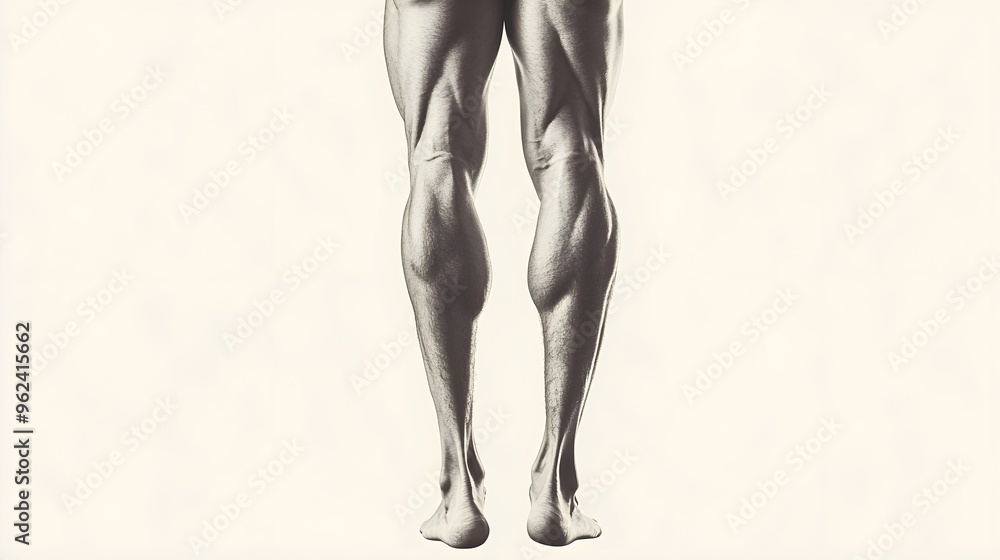 A muscular individual showcasing well-defined calves in a standing pose, emphasizing muscle definition against a light solid color background,No blurriness A muscular individual showcasing well-defined calves in a standing pose, emphasizing muscle definition against a light solid color background,No blurriness