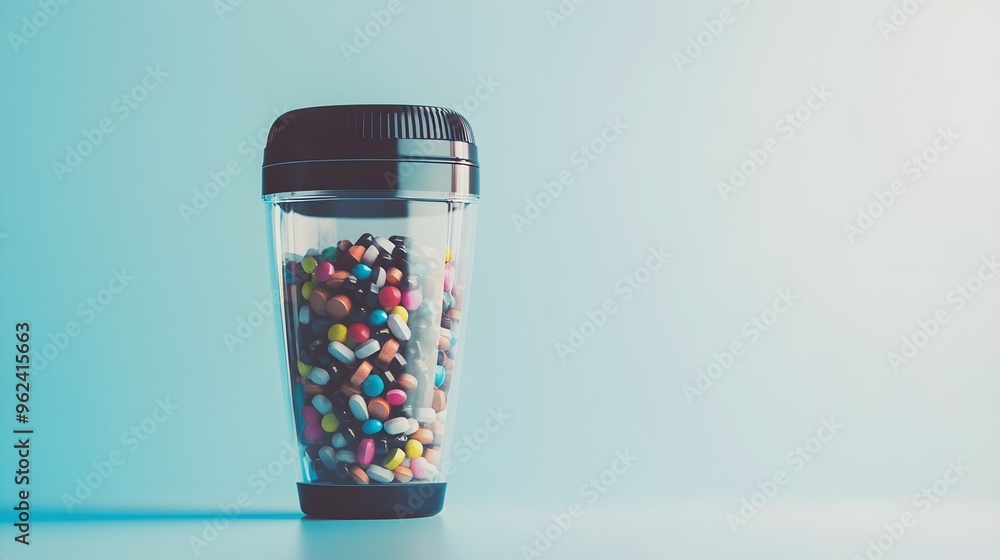 A close-up view of a protein shaker filled with a colorful supplement mix, placed against a plain light backdrop,No blurriness A close-up view of a protein shaker filled with a colorful supplement mix, placed against a plain light backdrop,No blurriness