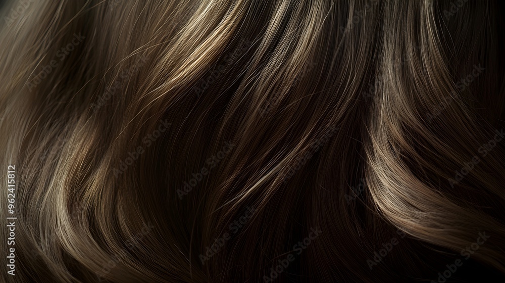 A close-up view of flowing, healthy hair cascading down the shoulders of a model, illuminated by soft, natural light,No blurriness A close-up view of flowing, healthy hair cascading down the shoulders of a model, illuminated by soft, natural light,No blurriness