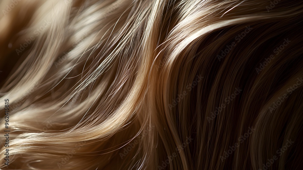 A close-up view of flowing, healthy hair cascading down the shoulders of a model, illuminated by soft, natural light,No blurriness A close-up view of flowing, healthy hair cascading down the shoulders of a model, illuminated by soft, natural light,No blurriness