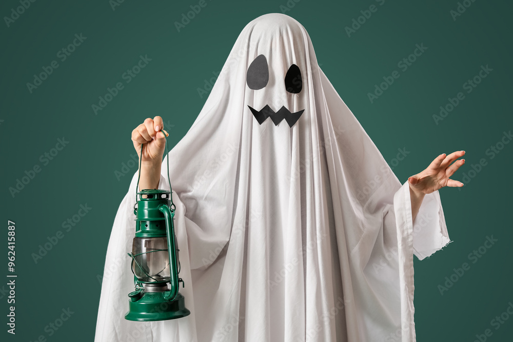 Person in Halloween costume of ghost with lantern on green background Person in Halloween costume of ghost with lantern on green background