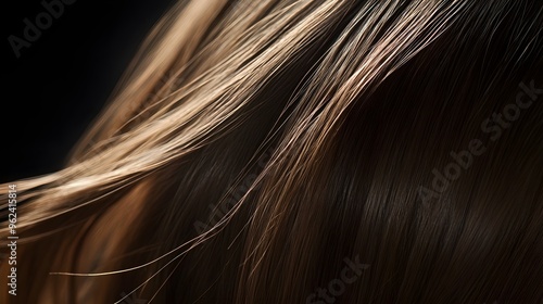 A close-up view of flowing, healthy hair cascading down the shoulders of a model, illuminated by soft, natural light,No blurriness