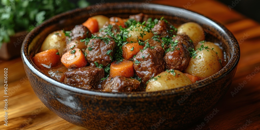 Beef stew with potatoes, carrots, and parsley in a brown bowl Beef stew with potatoes, carrots, and parsley in a brown bowl