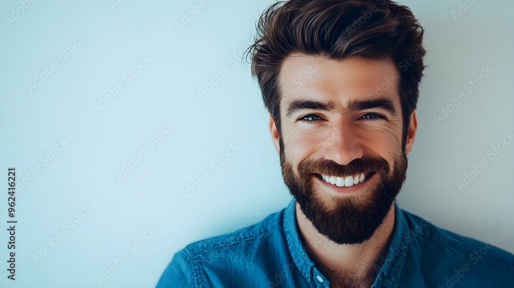 Fototapeta premium A portrait of a man with a well-groomed beard and voluminous hair, smiling against a light solid color background,No blurriness