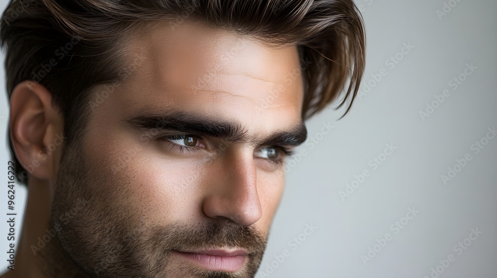 A close-up of a man with thick, healthy hair styled in a modern haircut, showcasing natural shine and texture,No blurriness A close-up of a man with thick, healthy hair styled in a modern haircut, showcasing natural shine and texture,No blurriness