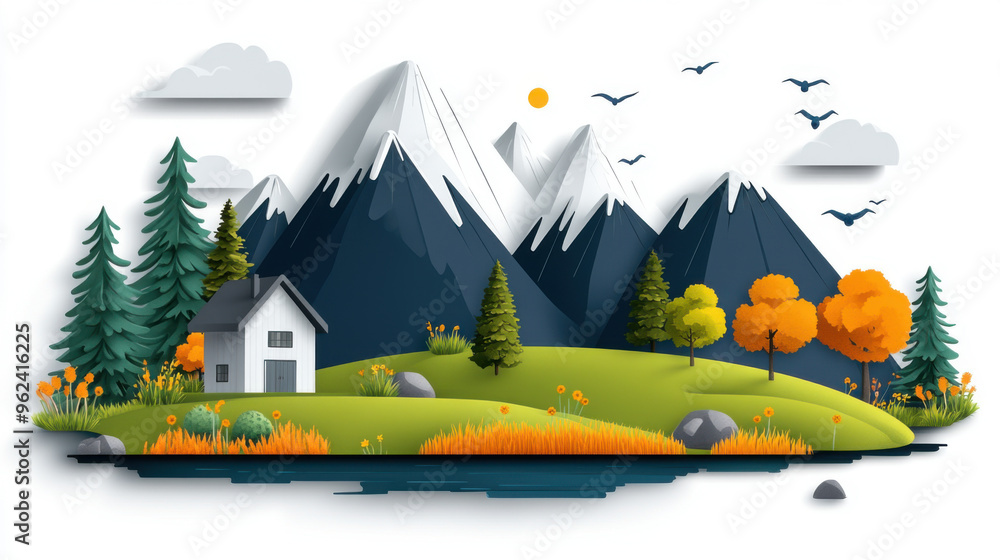 A scenic paper-cut style illustration of a mountain landscape with a small house, trees, lake, and birds flying, representing tranquil nature. A scenic paper-cut style illustration of a mountain landscape with a small house, trees, lake, and birds flying, representing tranquil nature.