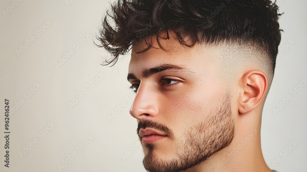 Fototapeta premium A close-up of a man with a textured haircut, showcasing the details of his hairstyle, with a solid light color backdrop,No blurriness