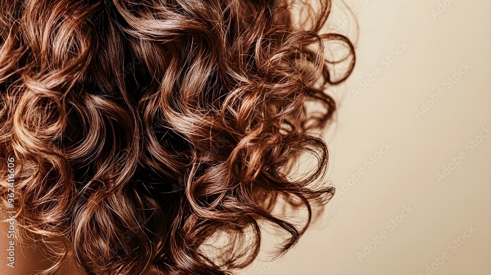 A detailed view of curly hair with natural highlights, capturing the intricacy of each curl against a light solid color background,No blurriness A detailed view of curly hair with natural highlights, capturing the intricacy of each curl against a light solid color background,No blurriness