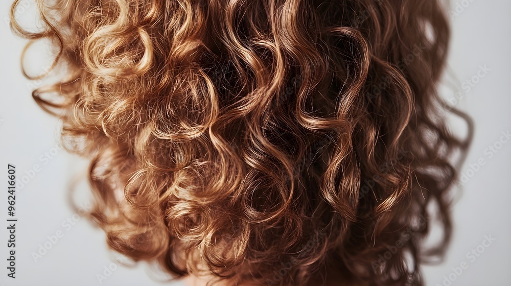 A detailed view of curly hair with natural highlights, capturing the intricacy of each curl against a light solid color background,No blurriness A detailed view of curly hair with natural highlights, capturing the intricacy of each curl against a light solid color background,No blurriness